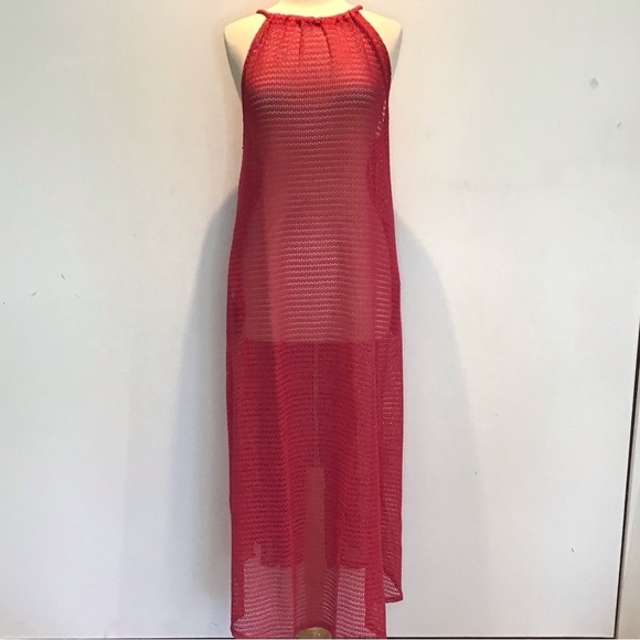 Haute Hippie Magenta Mesh Knit Drawstring Halter Neck Maxi Dress Coverup XL NWT - Picture 2 of 8